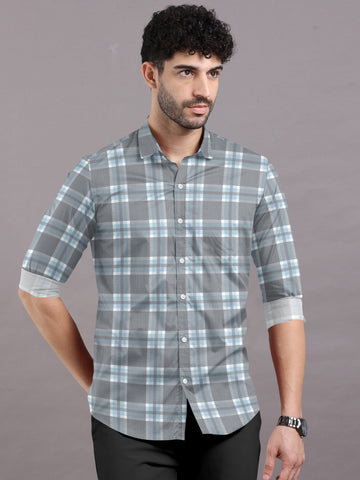 Cloudy Grey With White-Blue Checkered Cotton Shirt