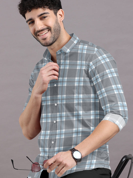 Cloudy Grey With White-Blue Checkered Cotton Shirt