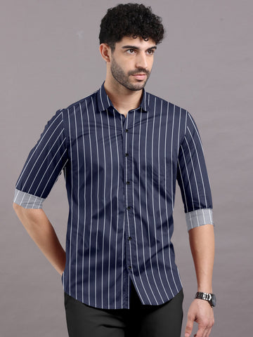 Midnight Blue With White Striped Cotton Shirt