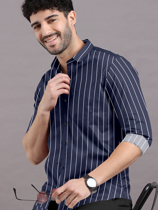 Midnight Blue With White Striped Cotton Shirt