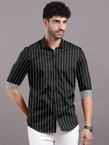 Jet Black With White Striped Cotton Shirt