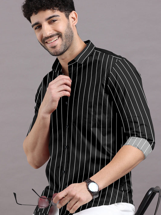 Jet Black With White Striped Cotton Shirt