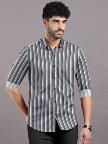 Chalk White With Dark And Light Grey Stripe Cotton Shirt