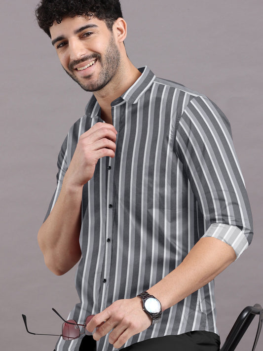 Chalk White With Dark And Light Grey Stripe Cotton Shirt