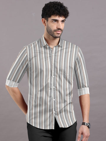 Pure White With Grey And Brown Stripe Cotton Shirt