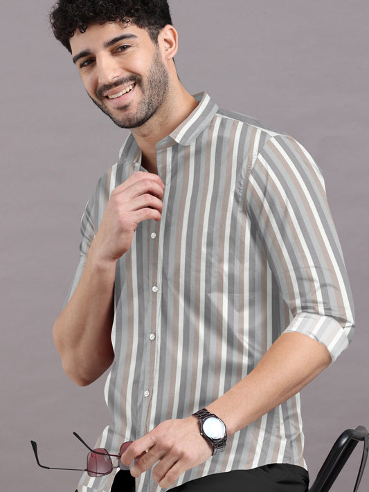 Pure White With Grey And Brown Stripe Cotton Shirt