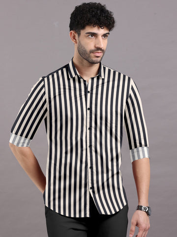 Jet Black With Coffee Cream Stripe Cotton Shirt