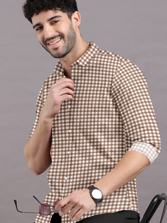 Caramel Yellow With White Gingham Check Cotton Shirt