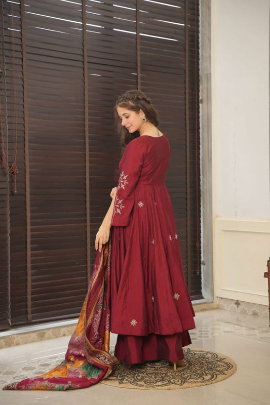 Maroon colour embroidery angarkha style kurta suit-set for women