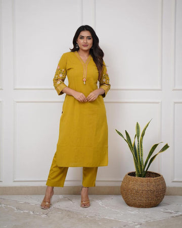 Slight embroidery work with yellow Kurta suit-set for women