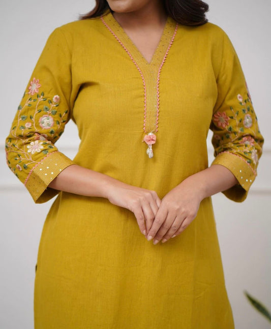 Slight embroidery work with yellow Kurta suit-set for women