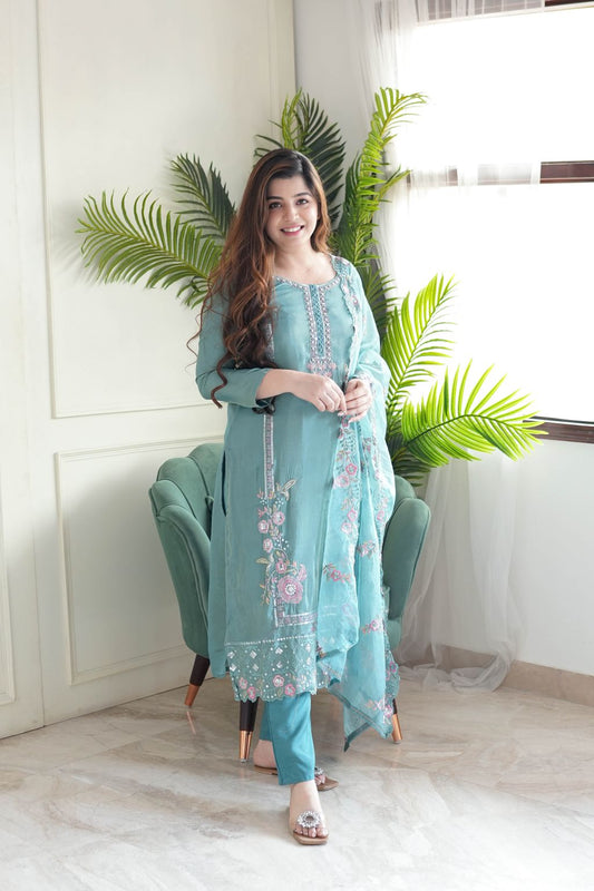 Latest Chinon Embroidery work kurta set with dupatta for women