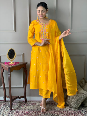 Yellow Colour trending embroidery and hand work kurta suit-set for women