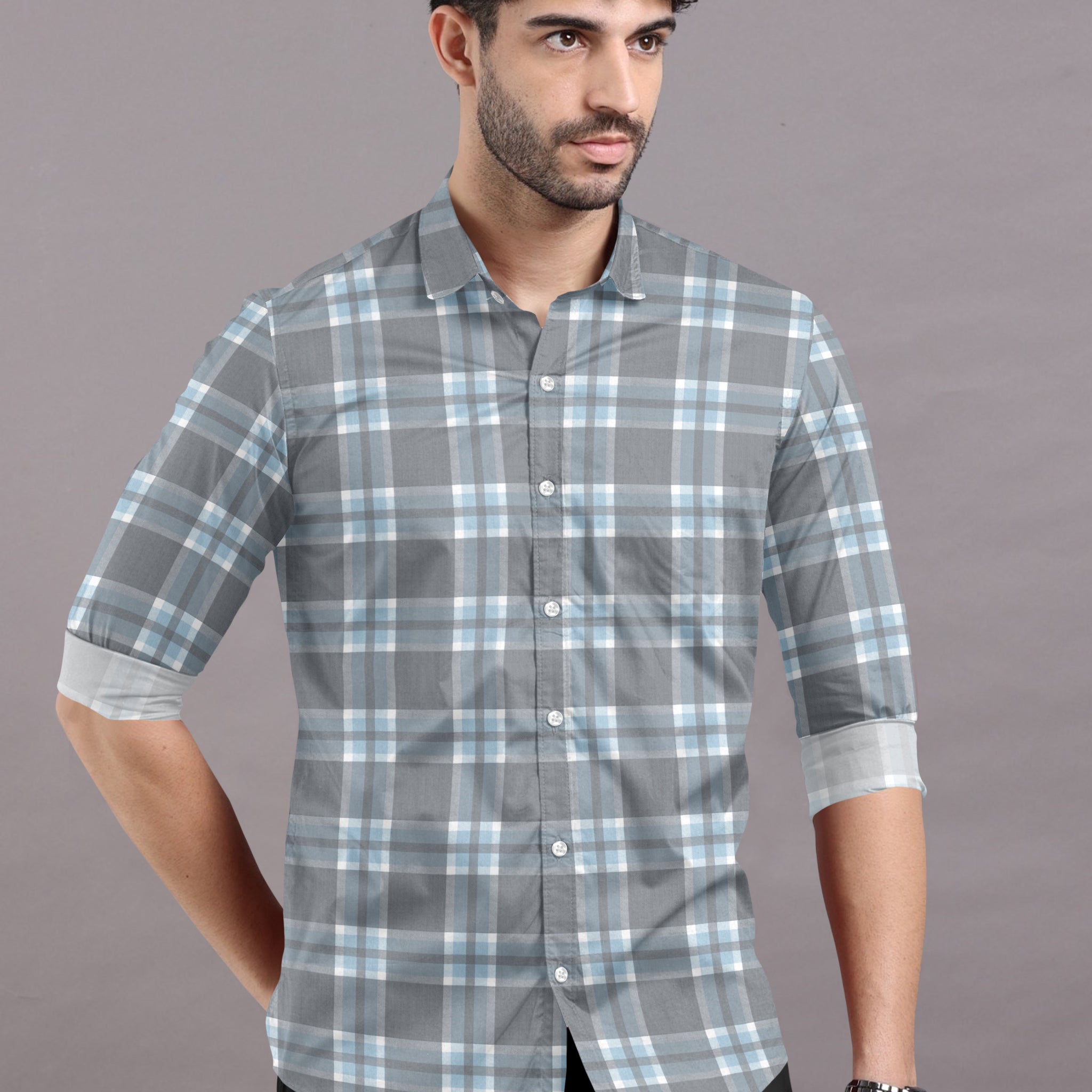 Cloudy Grey With White-Blue Checkered Cotton Shirt