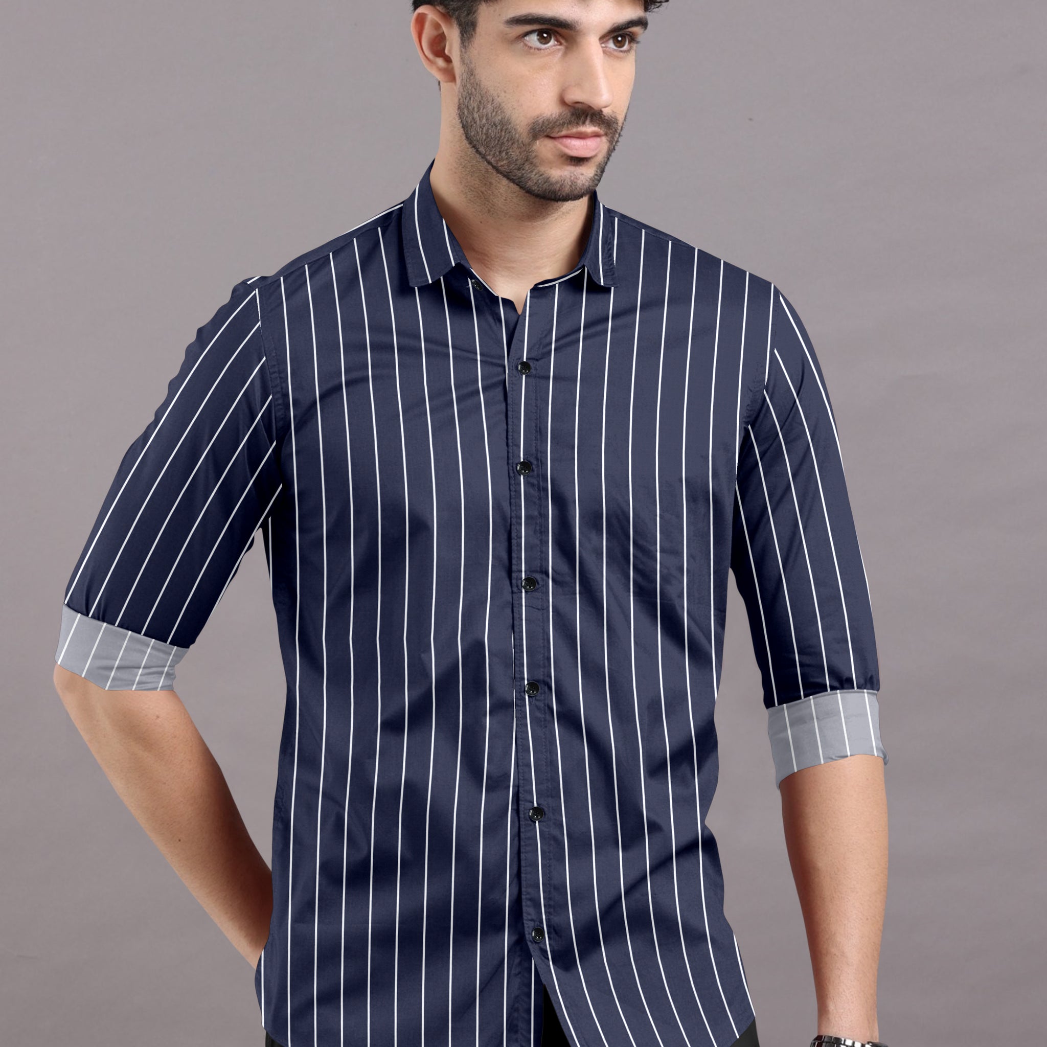 Midnight Blue With White Striped Cotton Shirt