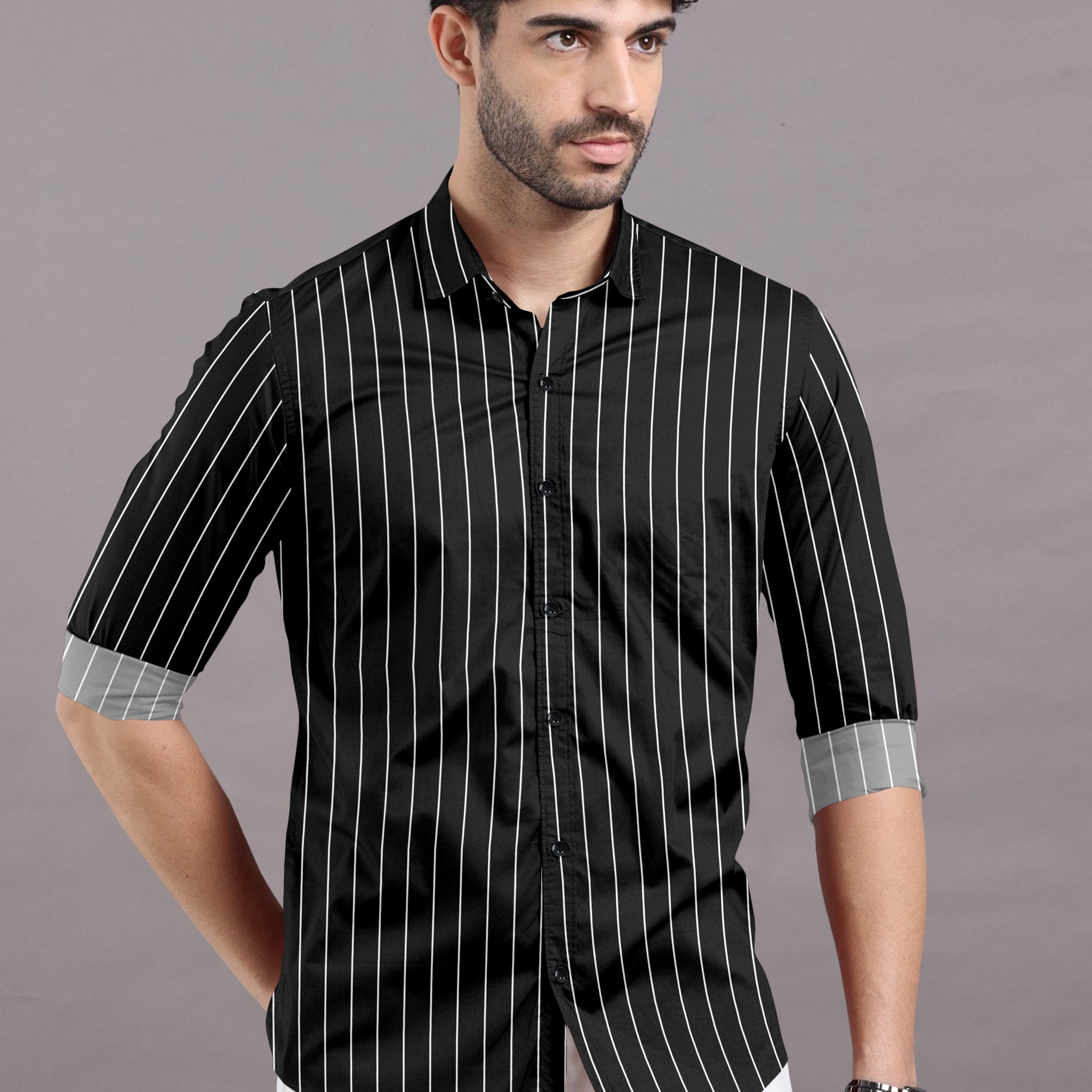 Jet Black With White Striped Cotton Shirt