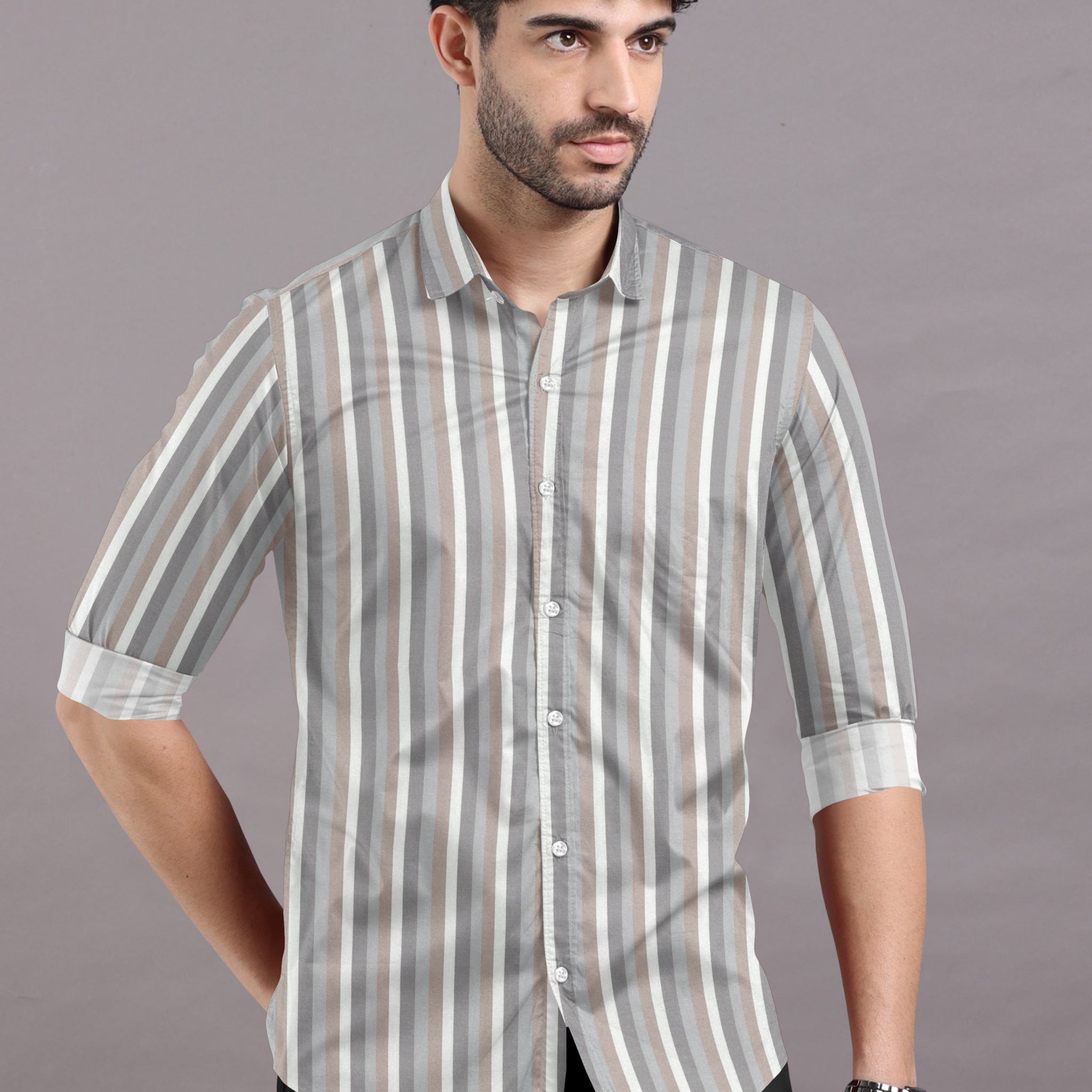 Pure White With Grey And Brown Stripe Cotton Shirt