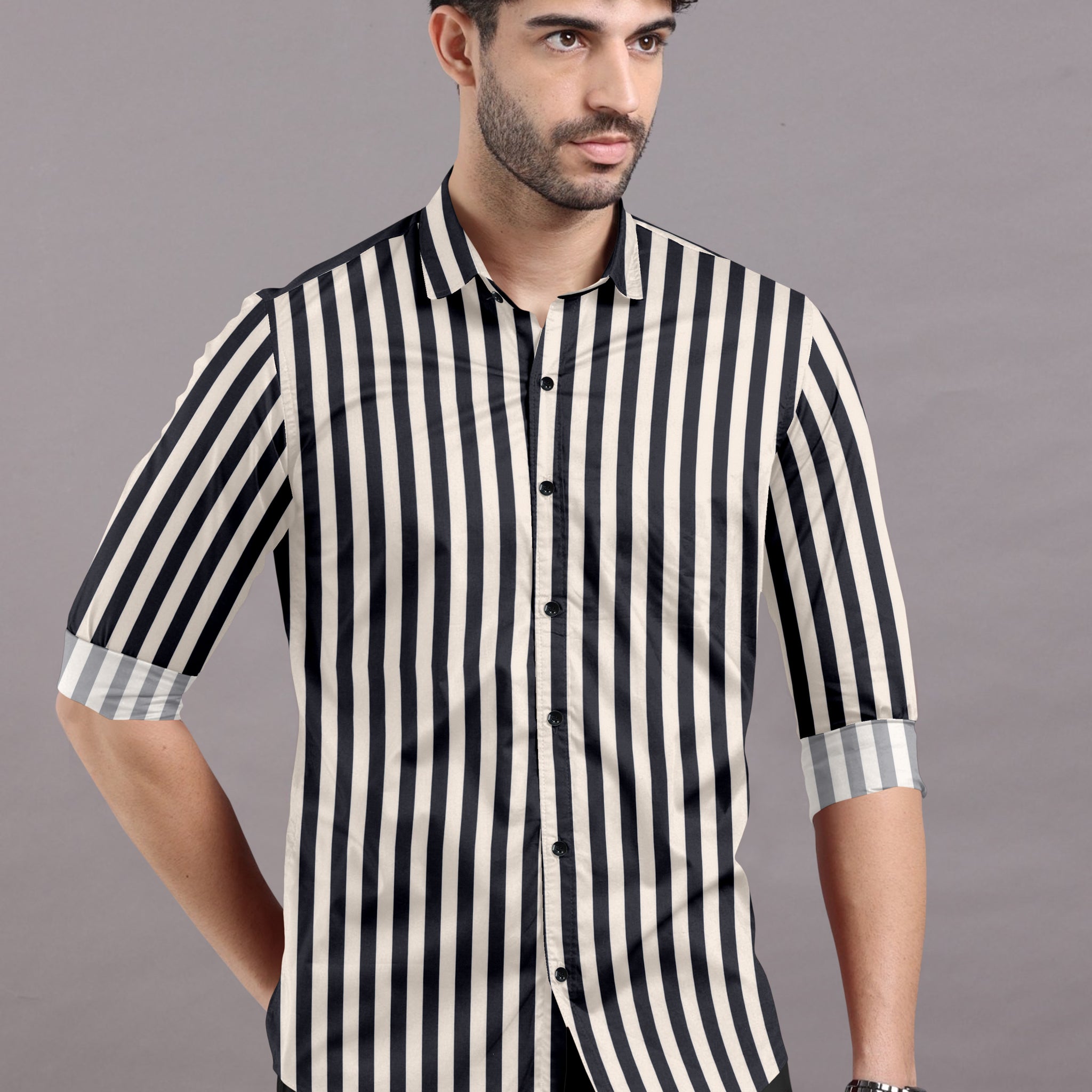 Jet Black With Coffee Cream Stripe Cotton Shirt