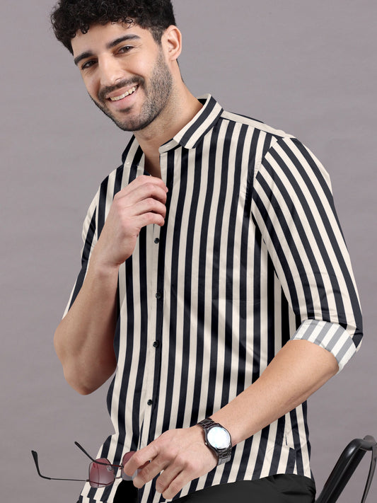 Jet Black With Coffee Cream Stripe Cotton Shirt