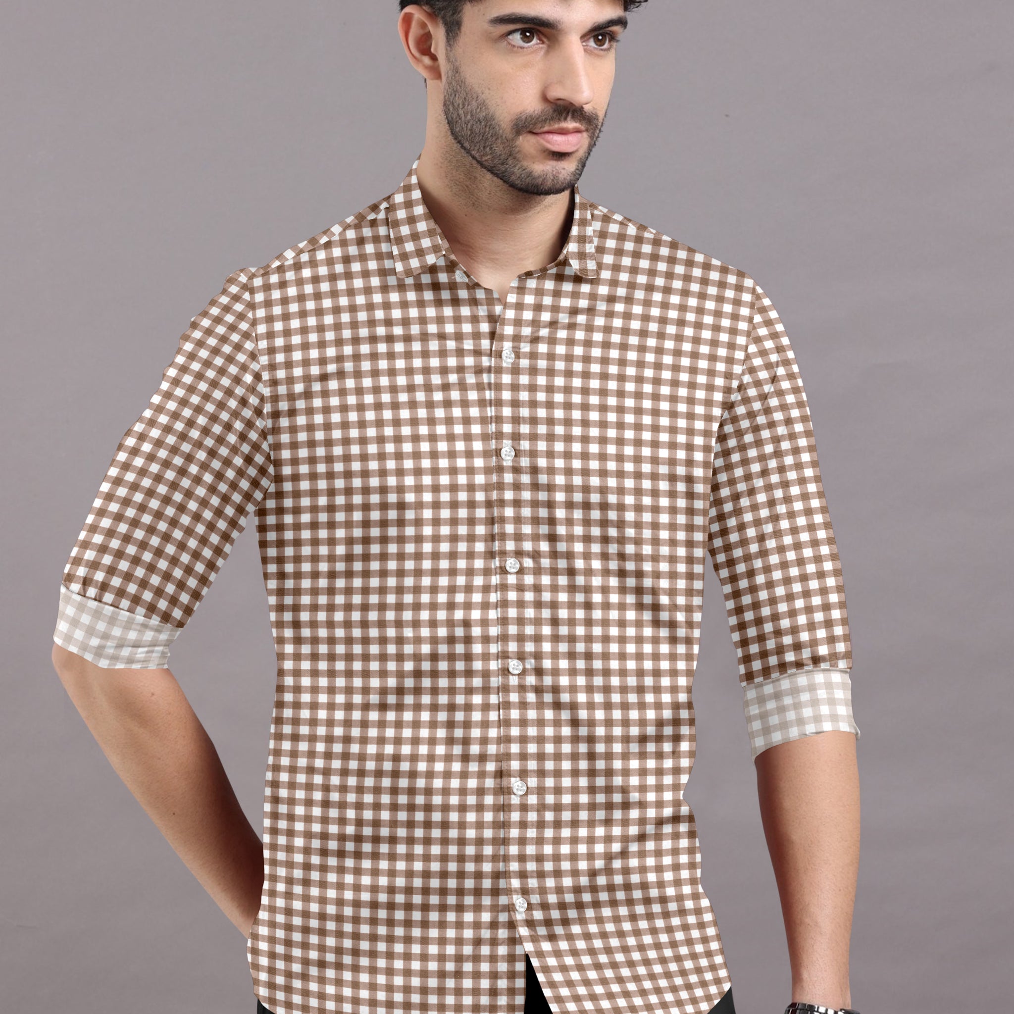 Caramel Yellow With White Gingham Check Cotton Shirt