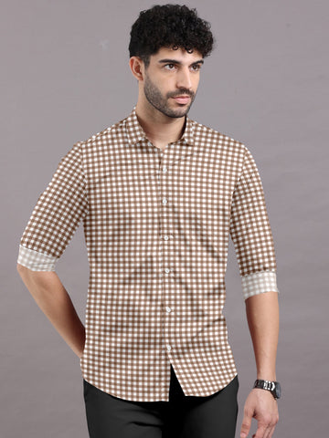 Caramel Yellow With White Gingham Check Cotton Shirt