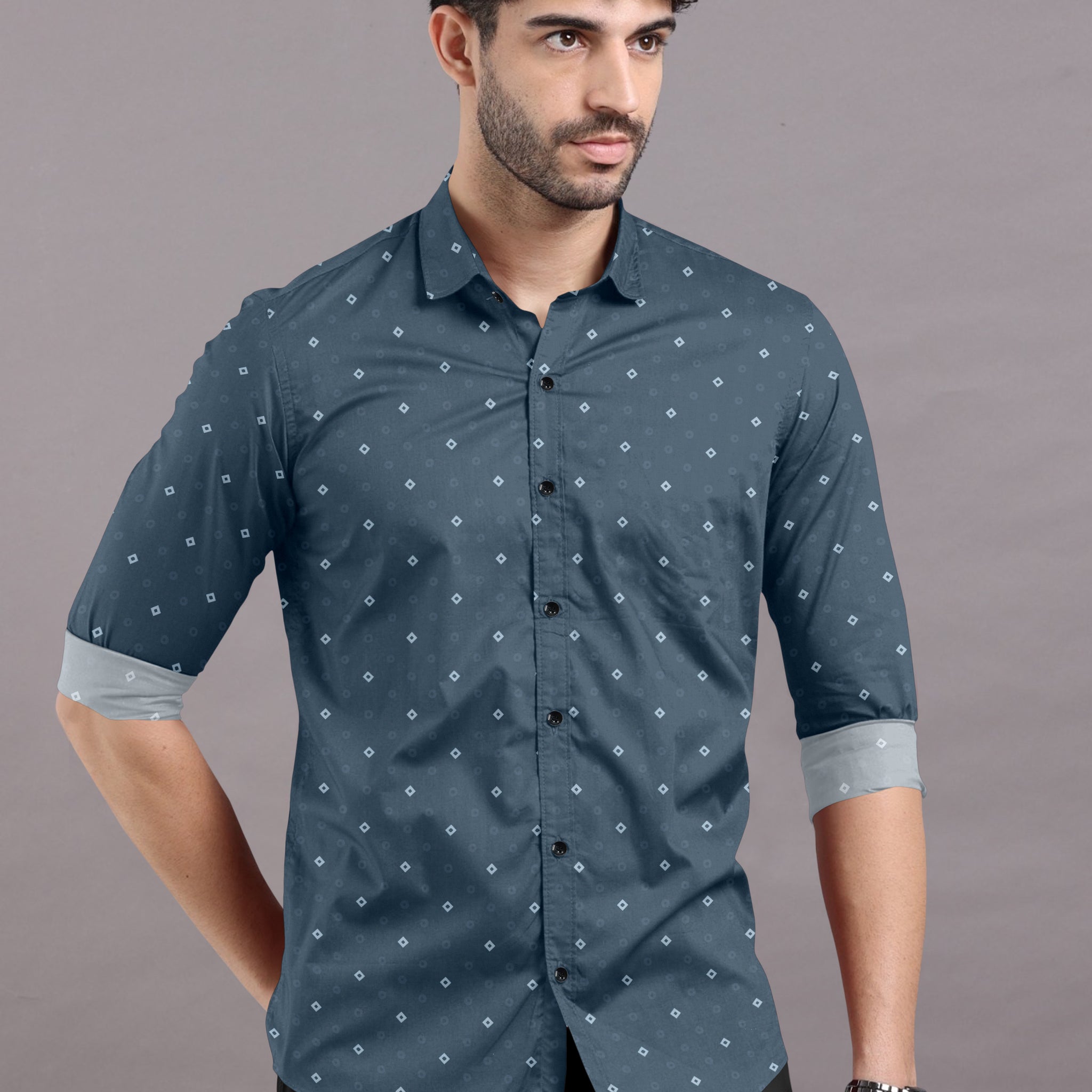 Teal Green Diamond Frost Printed Cotton Shirt