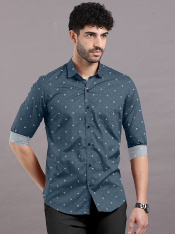 Teal Green Diamond Frost Printed Cotton Shirt