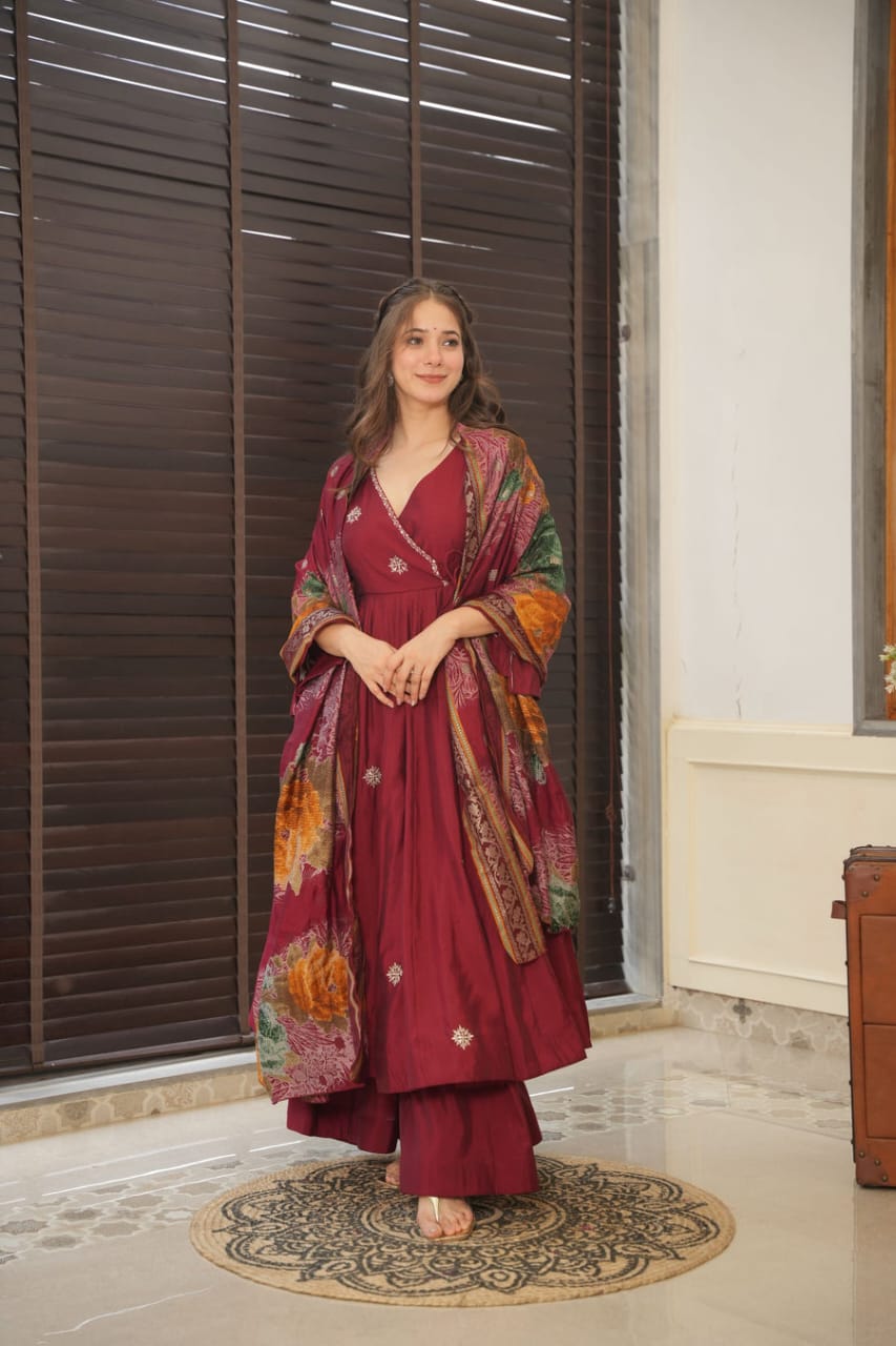 Maroon colour embroidery angarkha style kurta suit-set for women