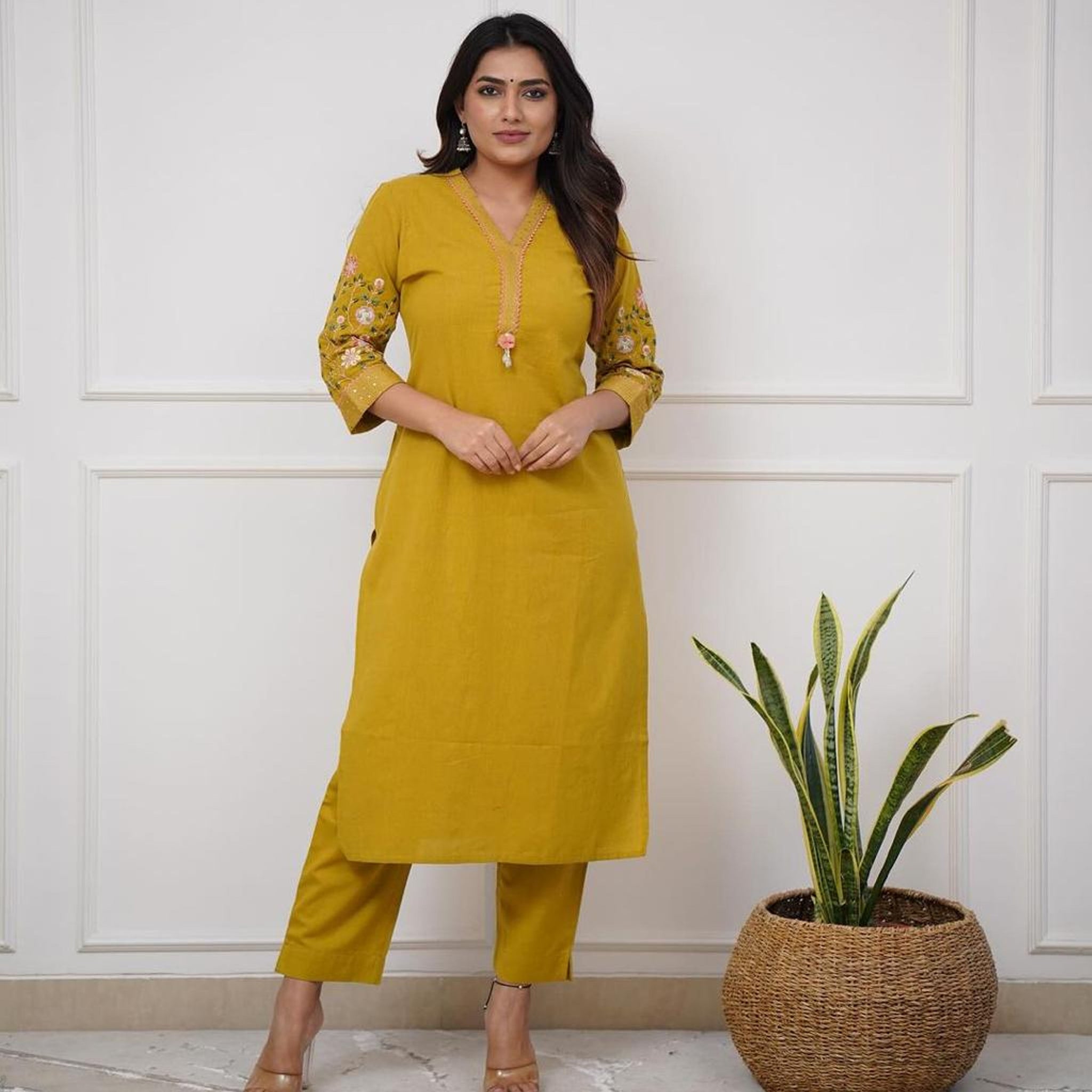 Slight embroidery work with yellow Kurta suit-set for women