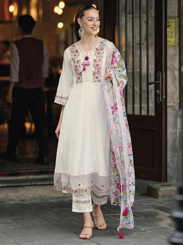 INDO ERA Women's silk embroidery A-line kurta pant with dupatta set for women