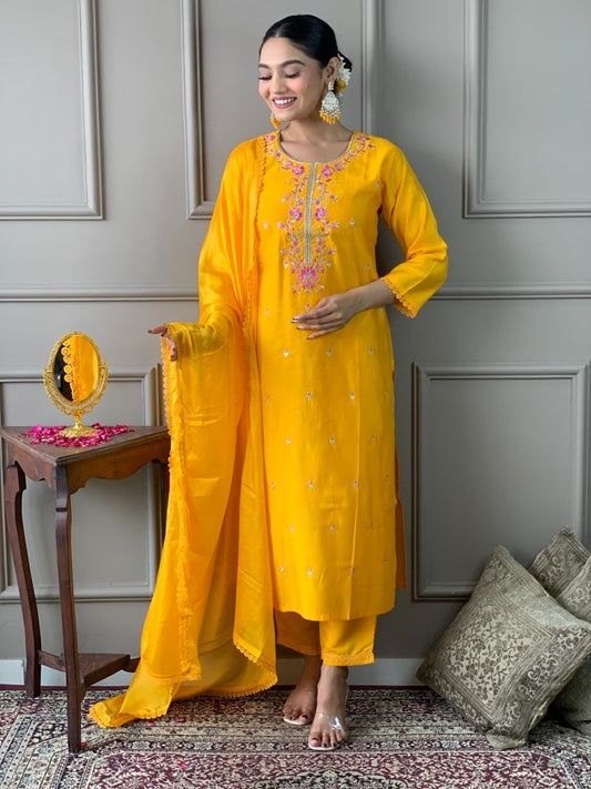Yellow Colour trending embroidery and hand work kurta suit-set for women